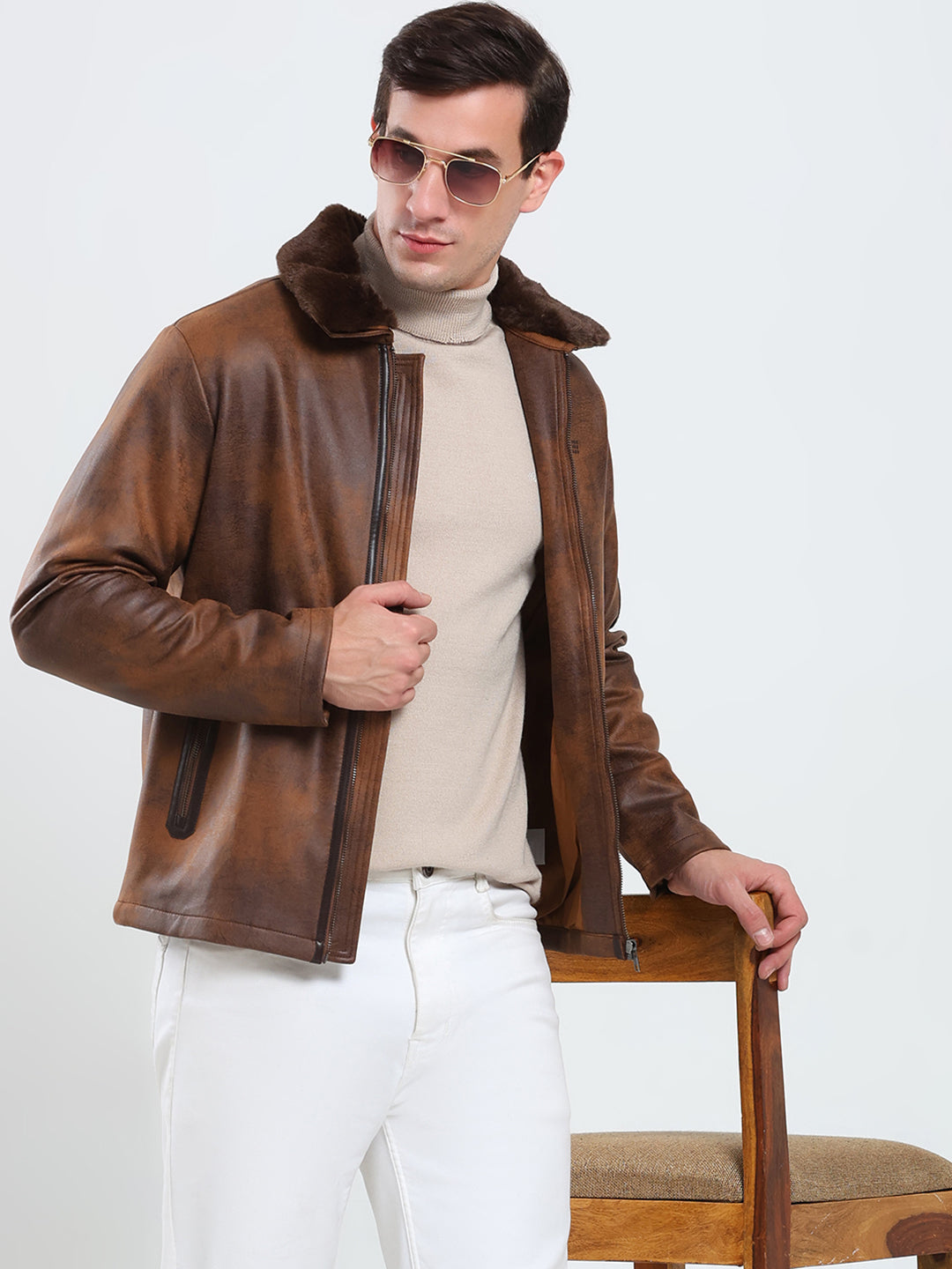 Rock.it Men Brown Solid Collar Full Sleeve Jacket