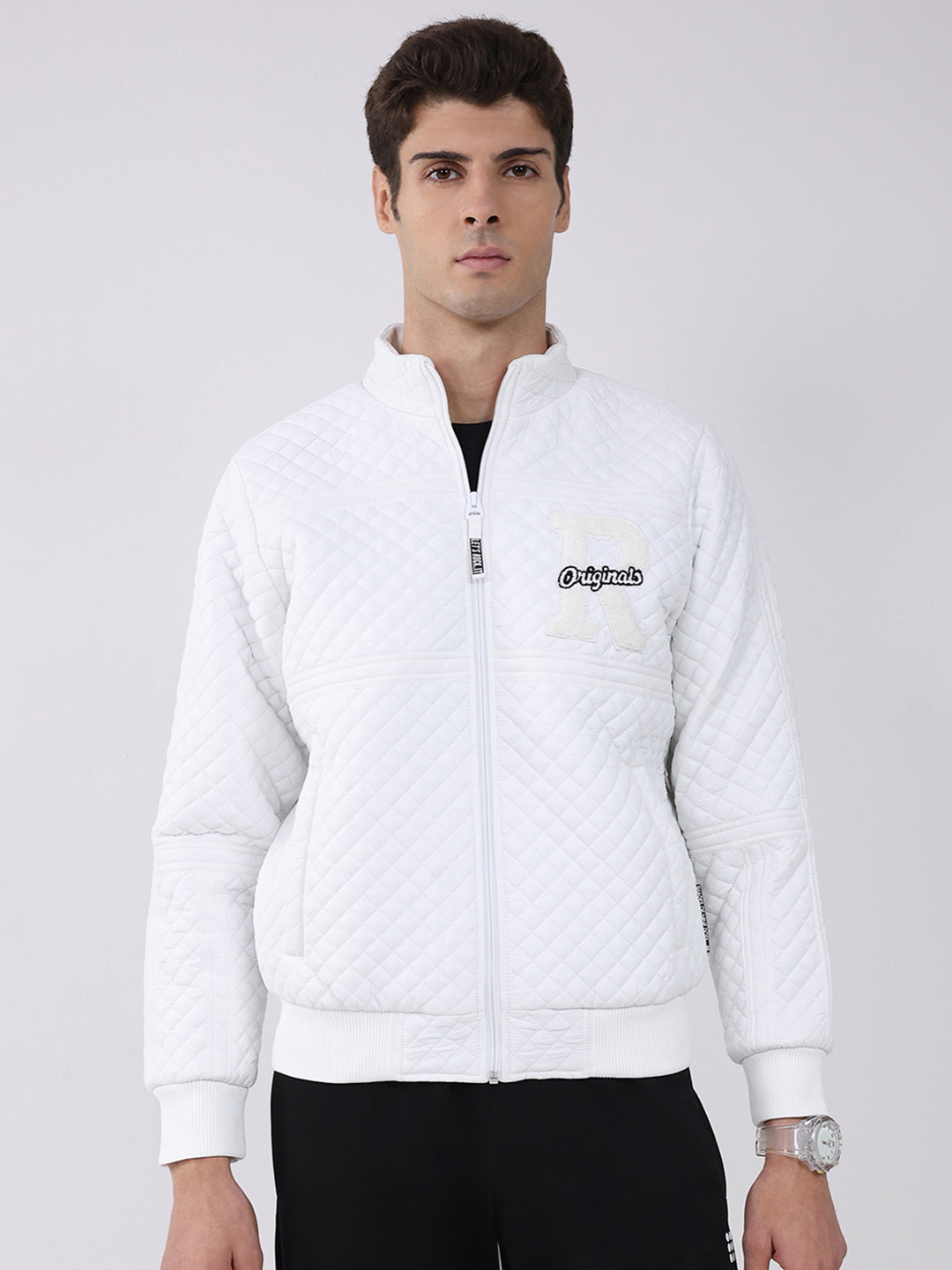 Rock.it Men White Self Design Mock Neck Full Sleeve Jacket