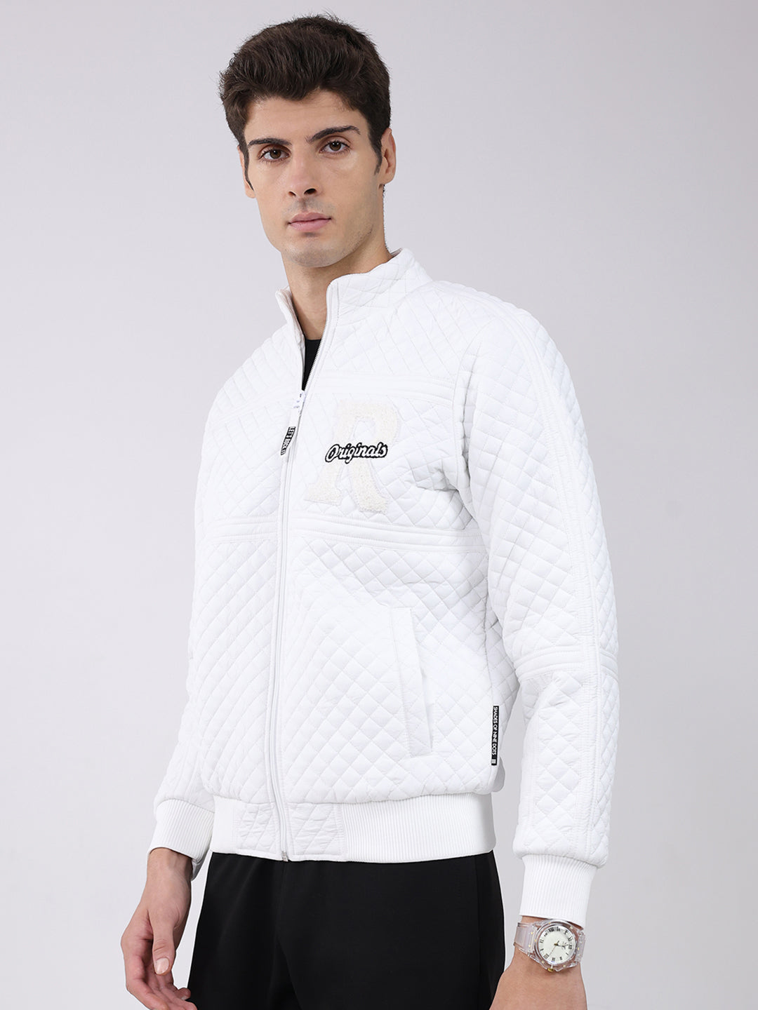 Rock.it Men White Self Design Mock Neck Full Sleeve Jacket