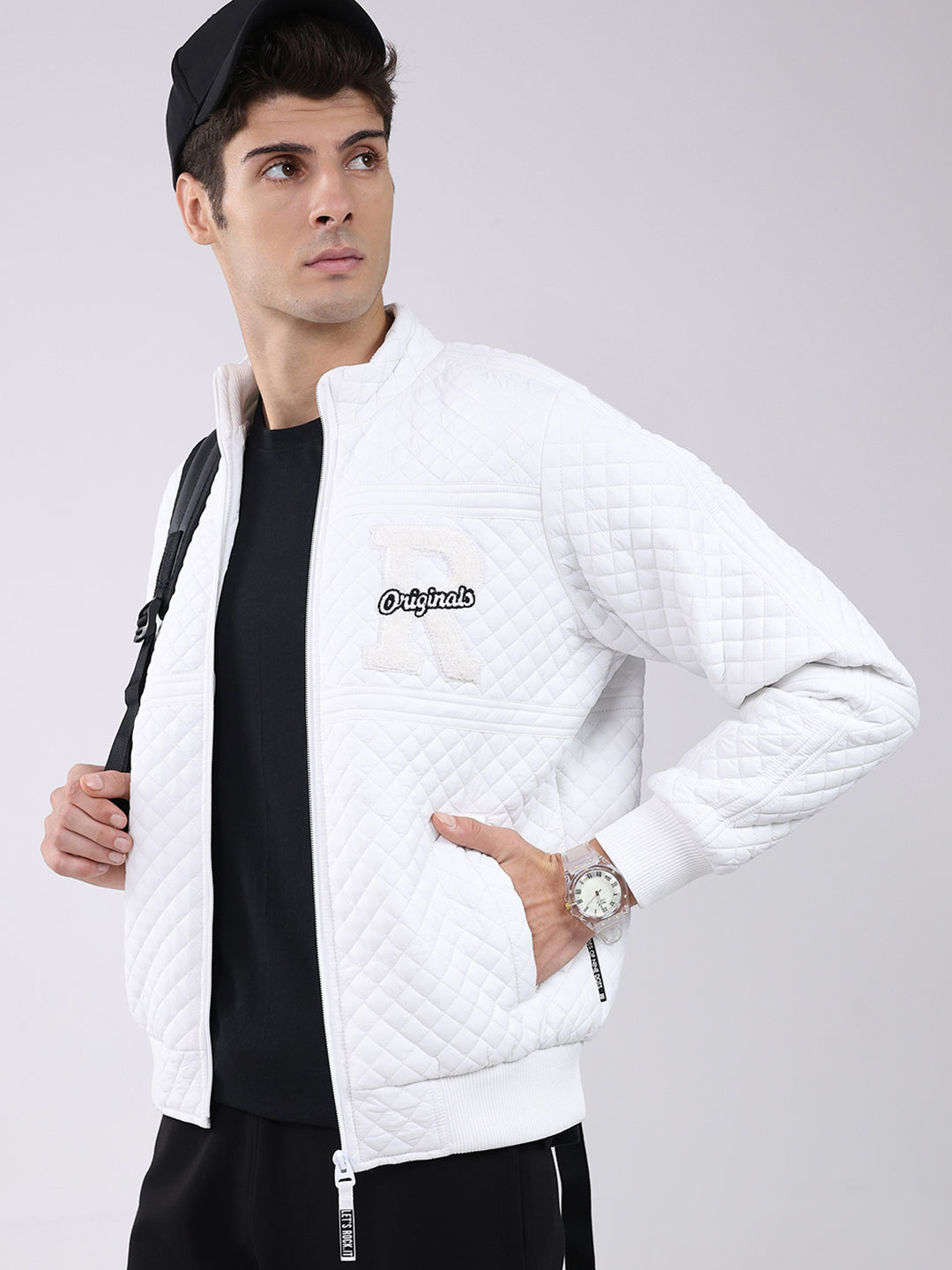 Rock.it Men White Self Design Mock Neck Full Sleeve Jacket