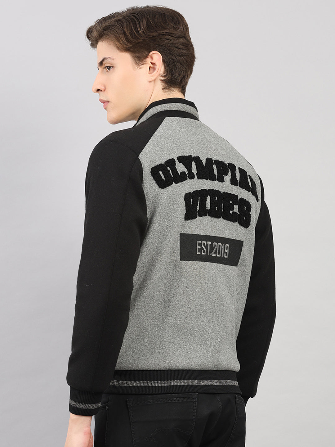 Rock.it Men Grey Melange Solid Stand Collar Full Sleeve Jacket