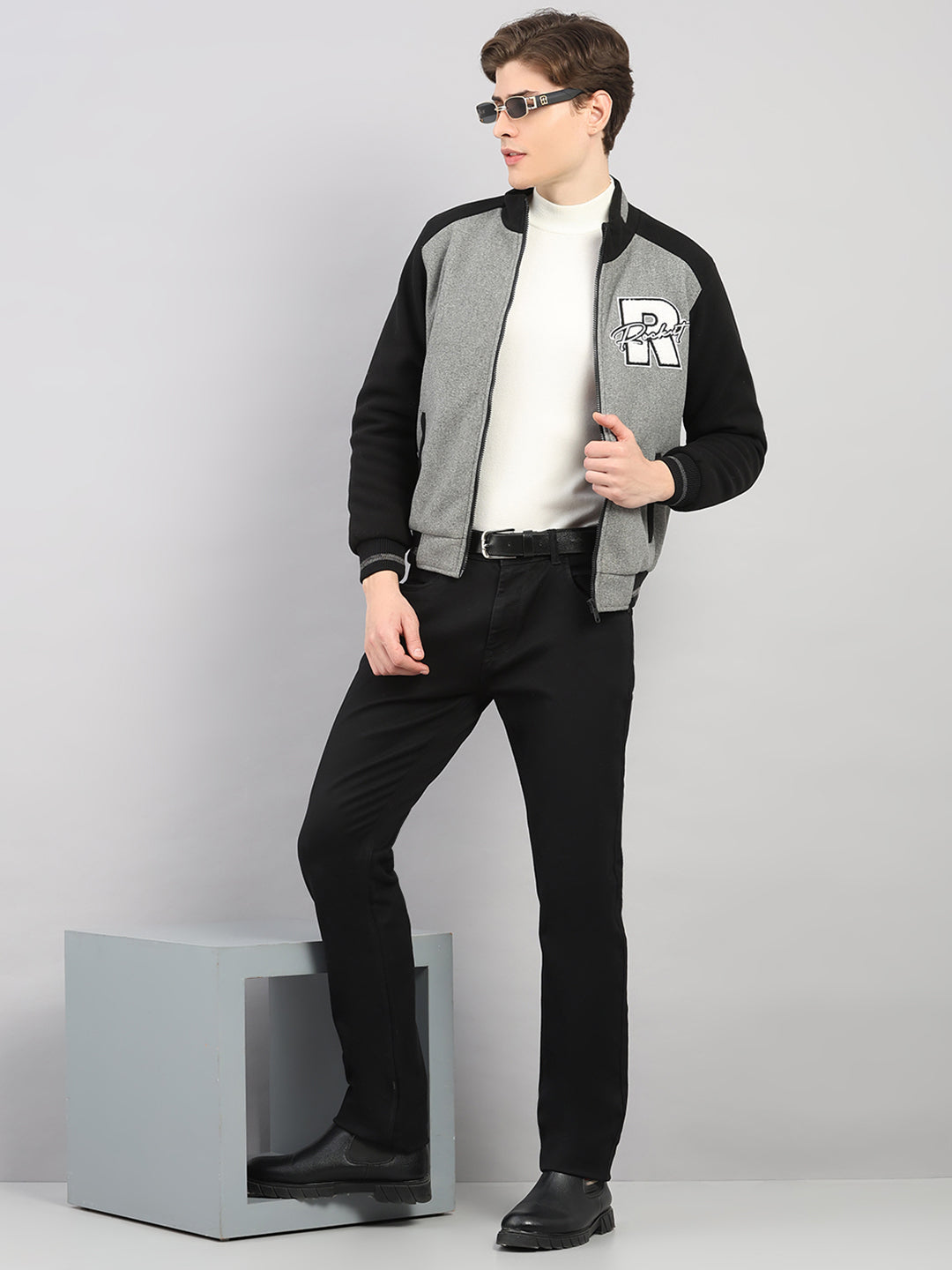 Rock.it Men Grey Melange Solid Stand Collar Full Sleeve Jacket