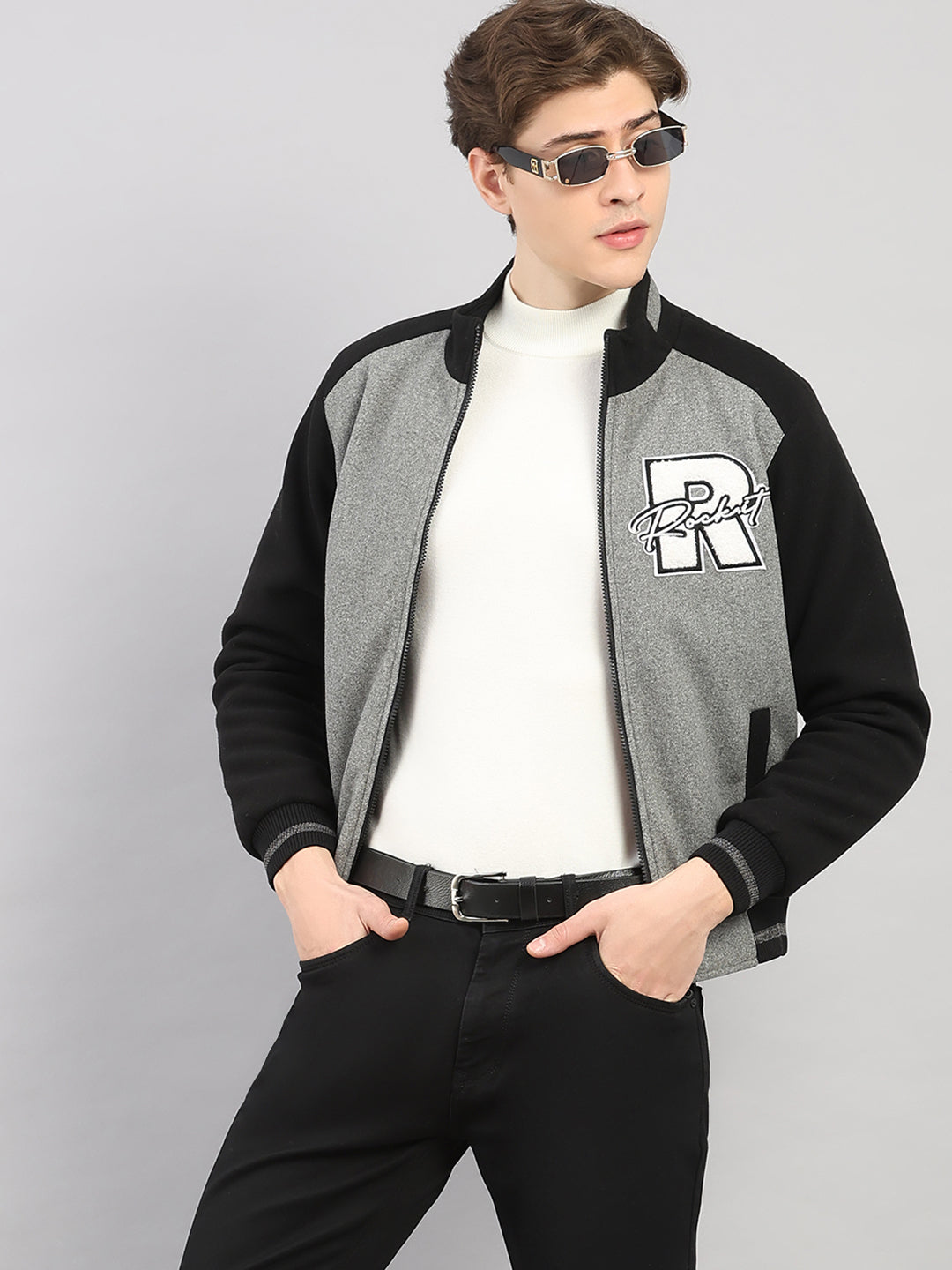 Rock.it Men Grey Melange Solid Stand Collar Full Sleeve Jacket