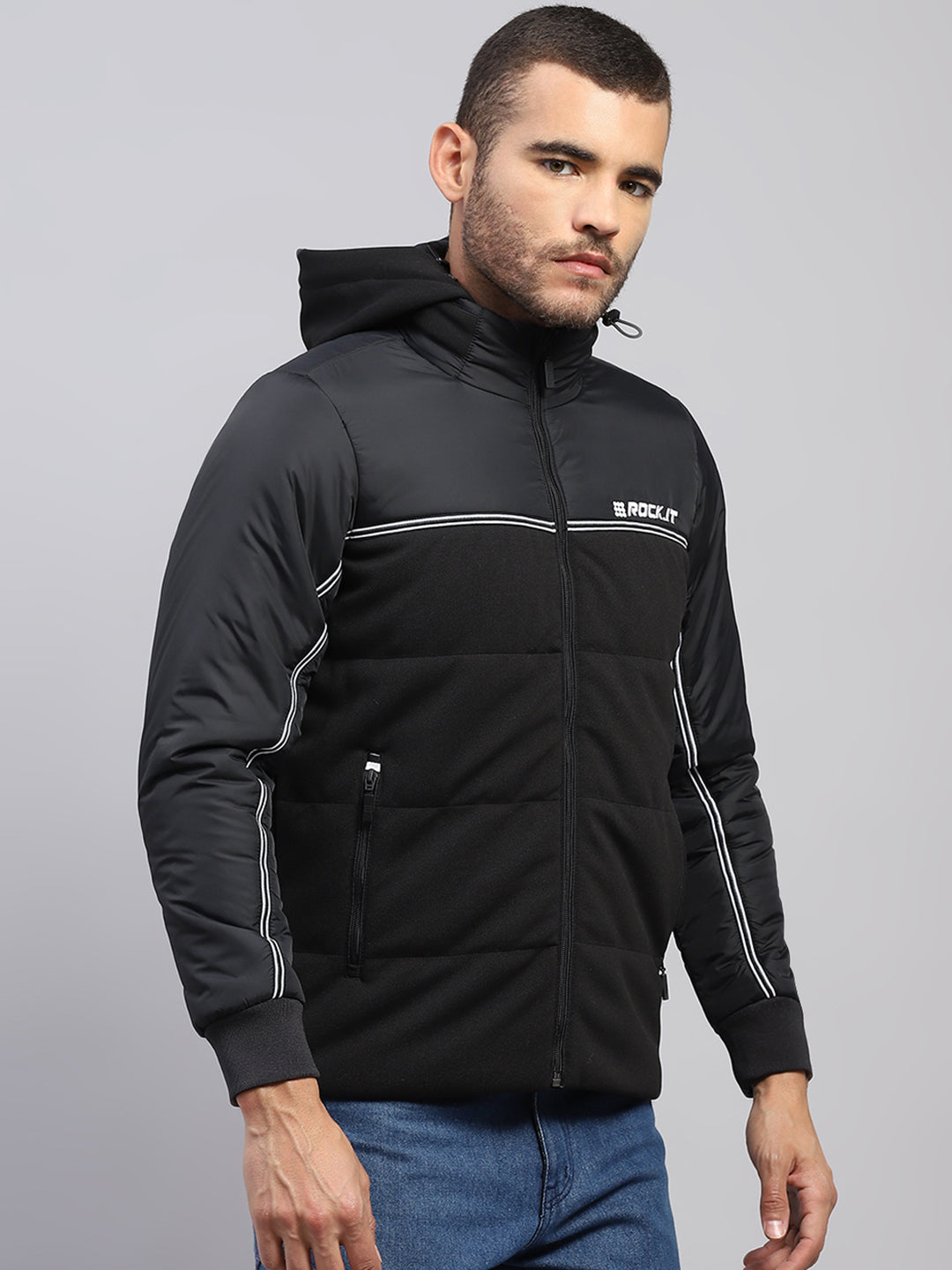 Rock.it Men Black Solid Stand Collar Full Sleeve Jacket