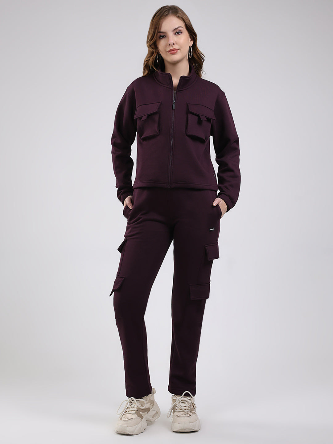 Rock.it Women Maroon Solid Mock Neck Full Sleeve Winter Tracksuit