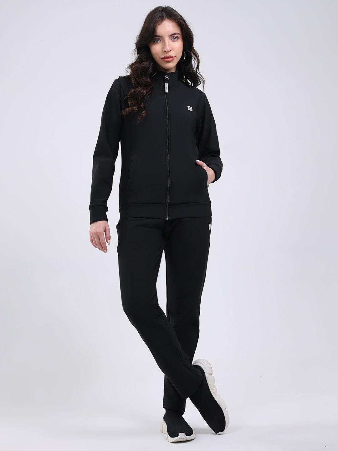 Rock.it Women Black Solid Collar Full Sleeve Winter Tracksuit