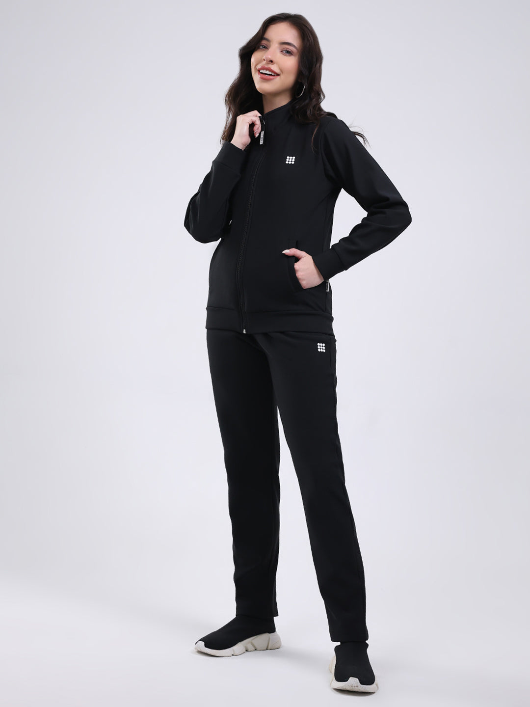 Rock.it Women Black Solid Collar Full Sleeve Winter Tracksuit