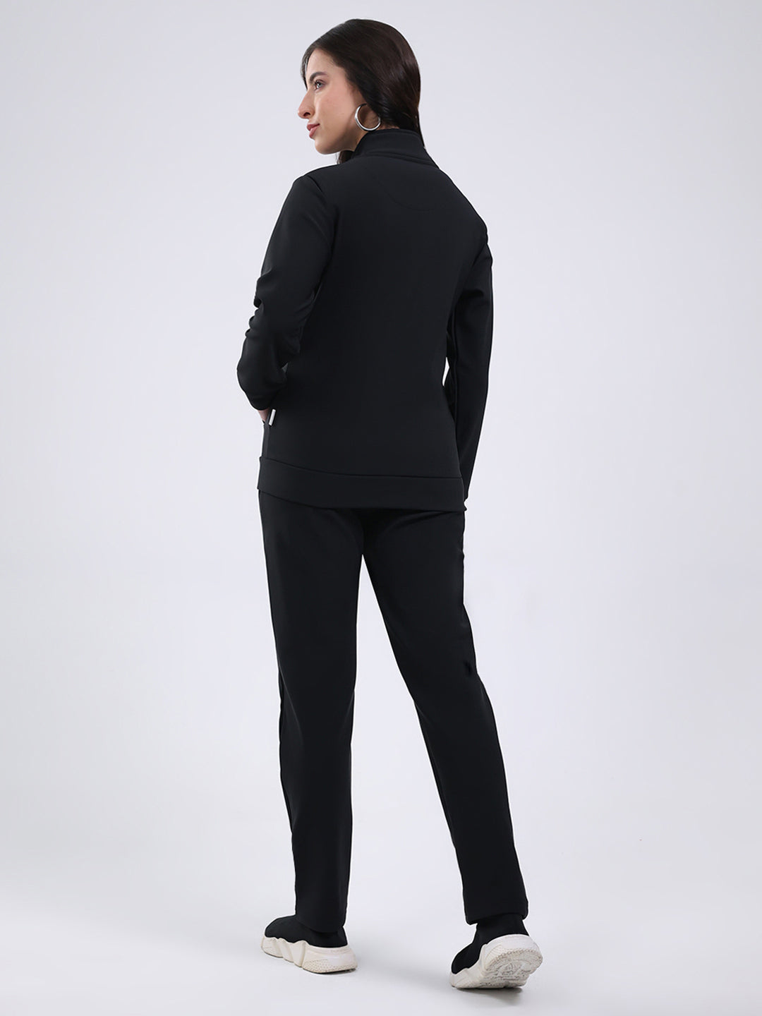 Rock.it Women Black Solid Collar Full Sleeve Winter Tracksuit