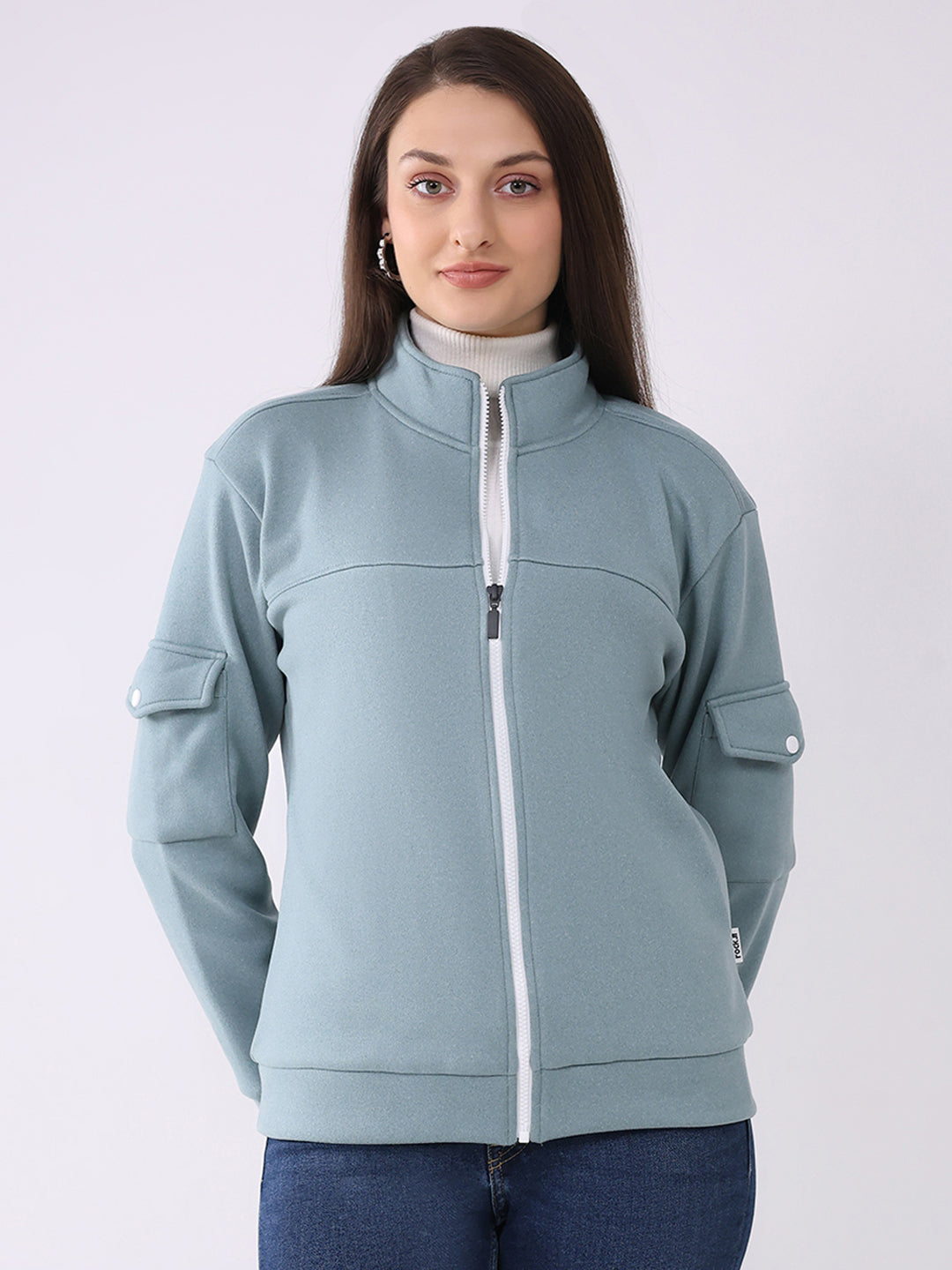 Rock.it Women Turquoise Blue Solid Mock Neck Full Sleeve Sweatshirt