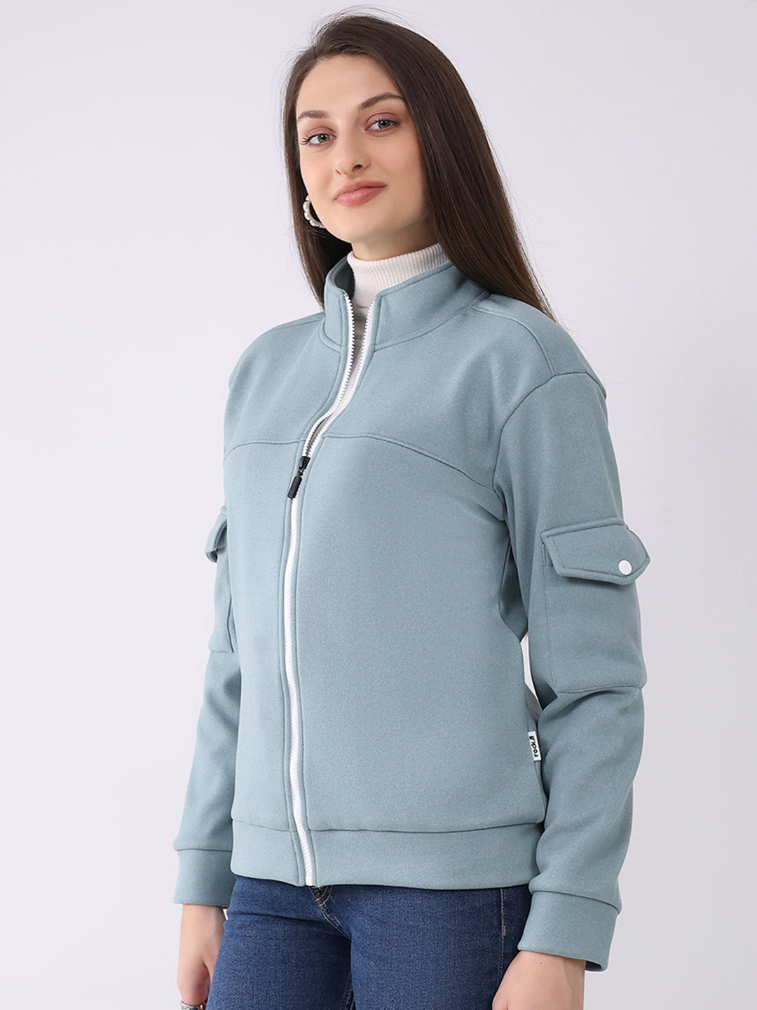 Rock.it Women Turquoise Blue Solid Mock Neck Full Sleeve Sweatshirt