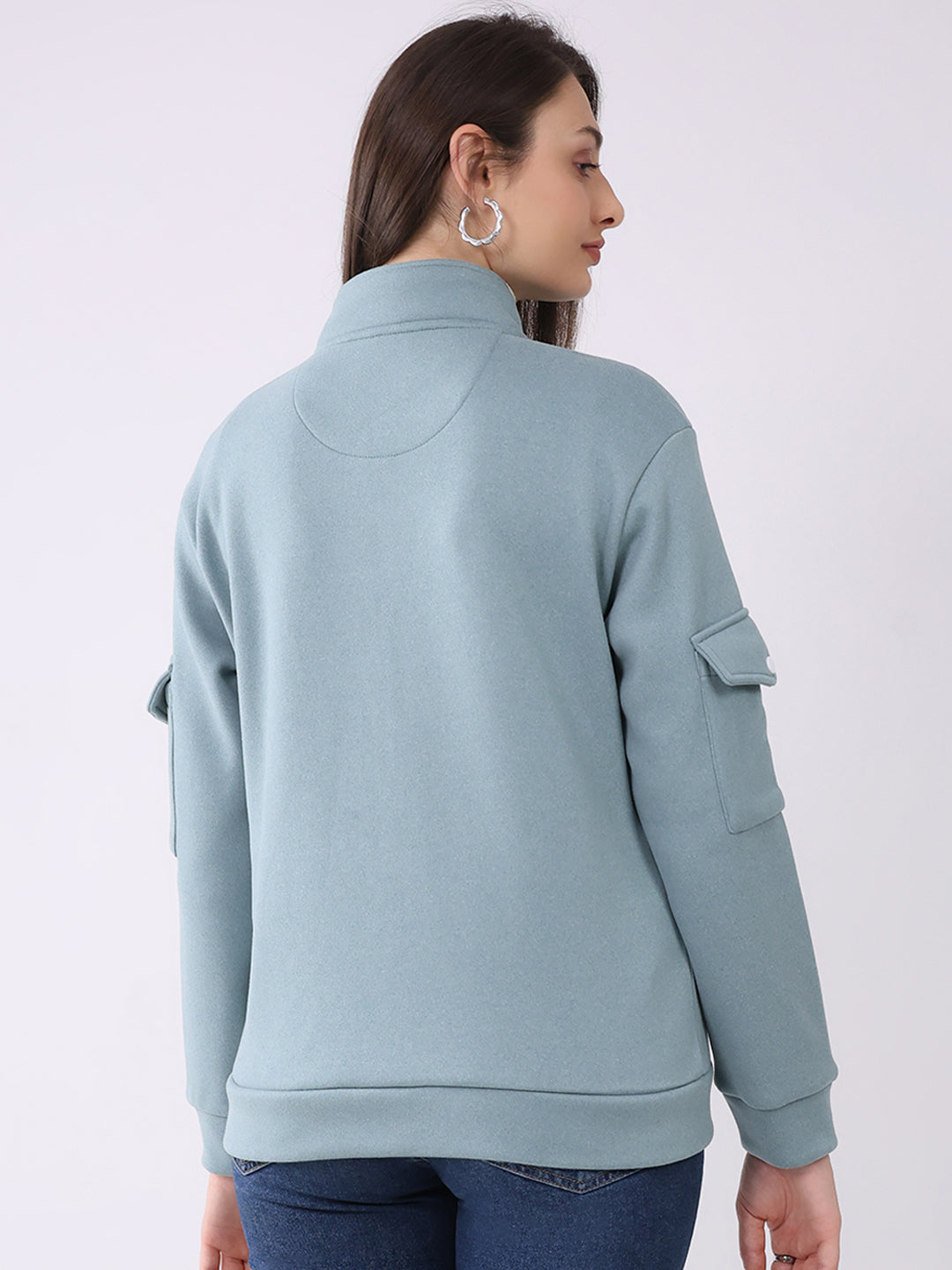 Rock.it Women Turquoise Blue Solid Mock Neck Full Sleeve Sweatshirt