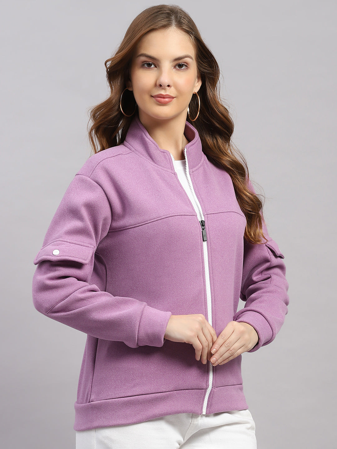 Rock.it Women Purple Solid Stand Collar Full Sleeve Sweatshirt