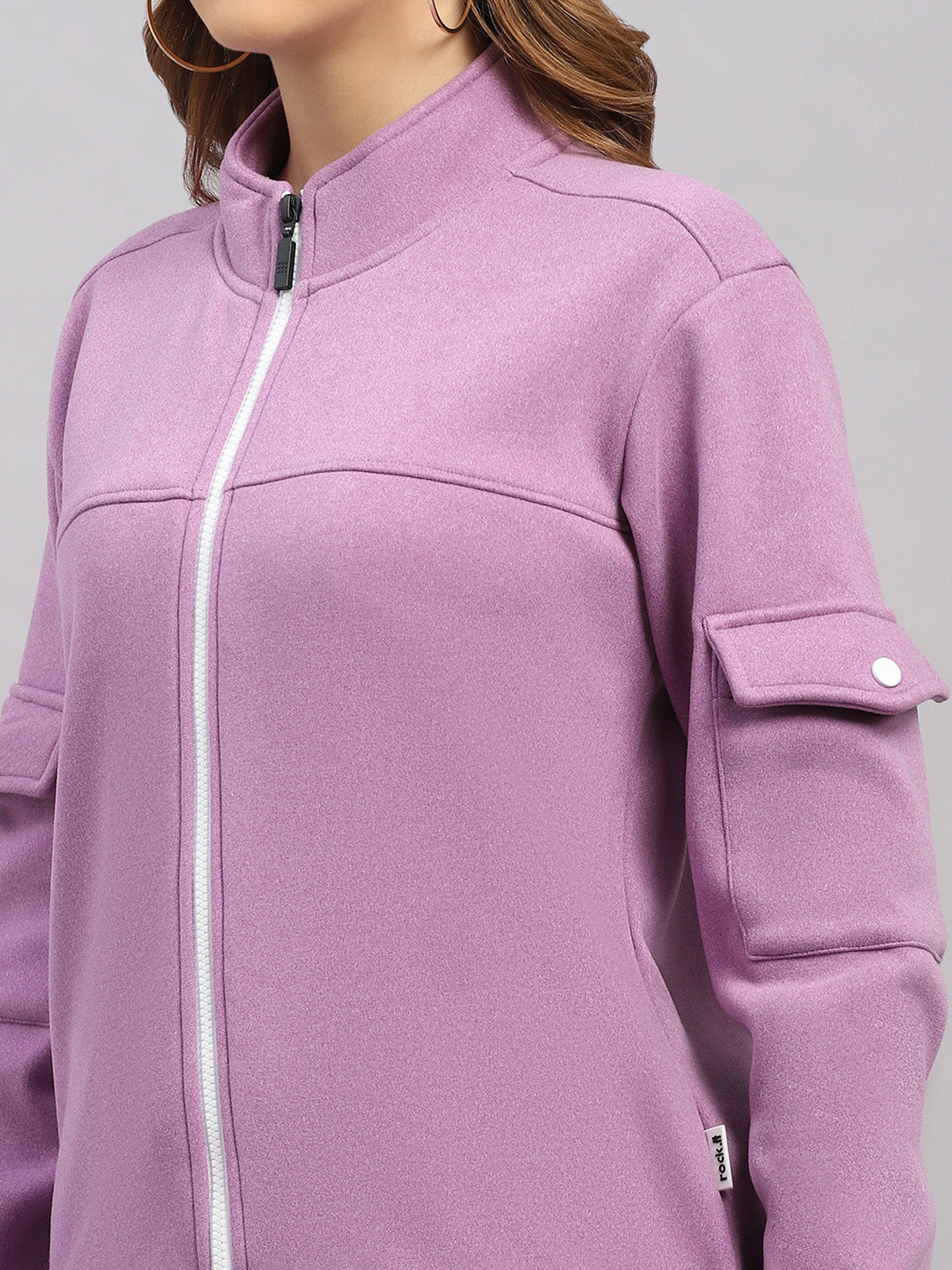 Rock.it Women Purple Solid Stand Collar Full Sleeve Sweatshirt