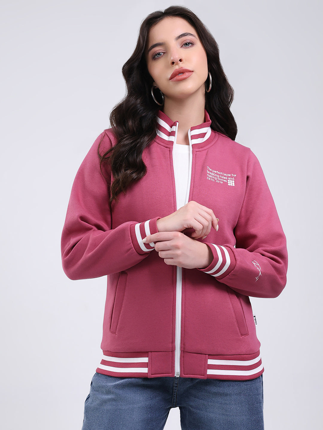 Rock.it Women Mauve Embroidered Turtle Neck Full Sleeve Sweatshirt