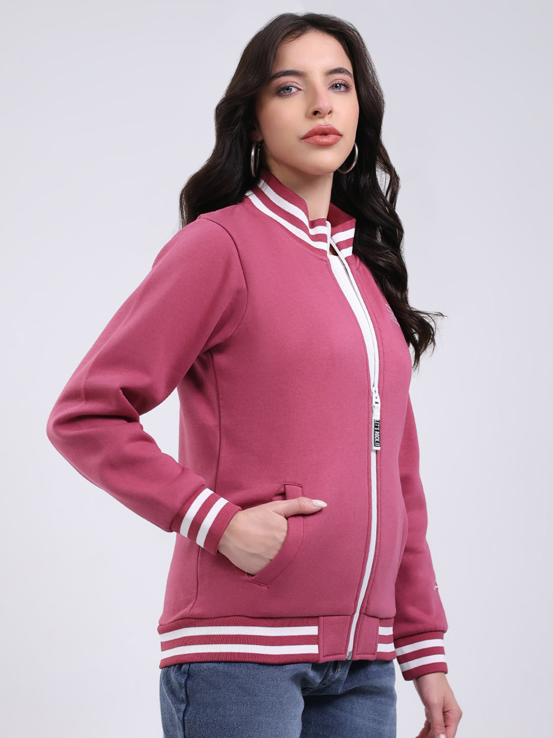 Rock.it Women Mauve Embroidered Turtle Neck Full Sleeve Sweatshirt