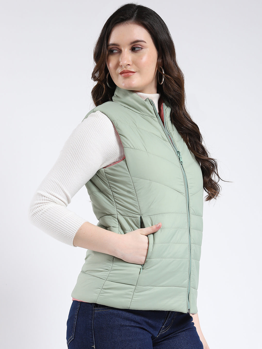 Rock.it Women Green & Pink Solid Mock Neck Sleeveless Jacket