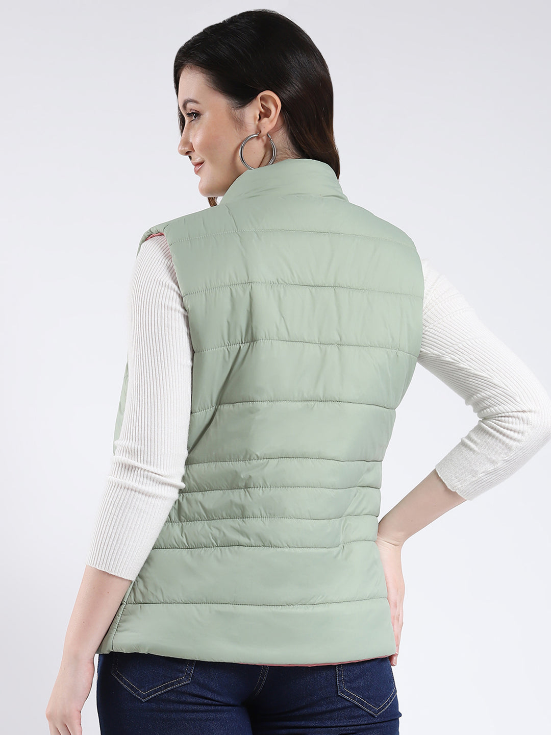 Rock.it Women Green & Pink Solid Mock Neck Sleeveless Jacket