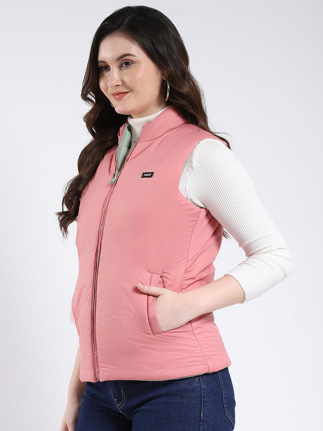 Rock.it Women Green & Pink Solid Mock Neck Sleeveless Jacket