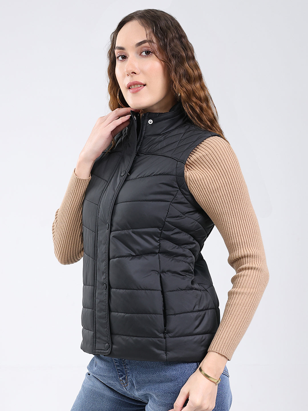 Rock.it Women Black Solid Stand Collar Sleeveless Jacket