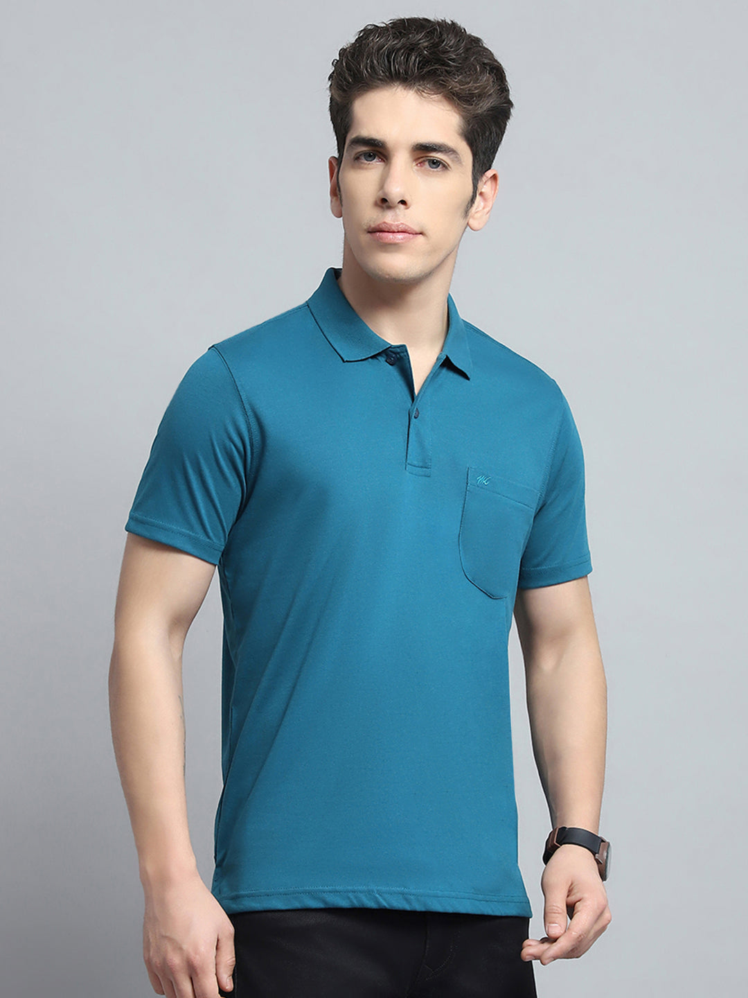 Men Teal Blue Solid Collar Half Sleeve T-Shirt