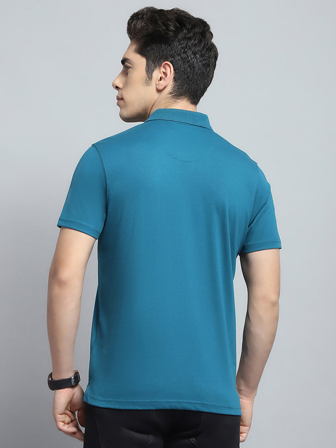 Men Teal Blue Solid Collar Half Sleeve T-Shirt