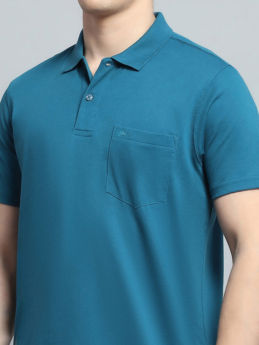 Men Teal Blue Solid Collar Half Sleeve T-Shirt