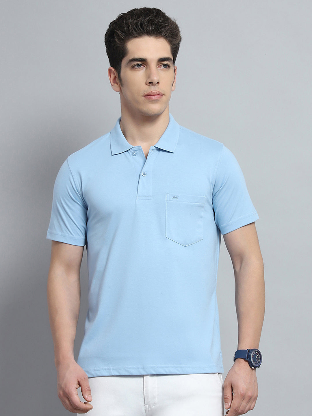 Men Sky Blue Solid Collar Half Sleeve T-Shirt