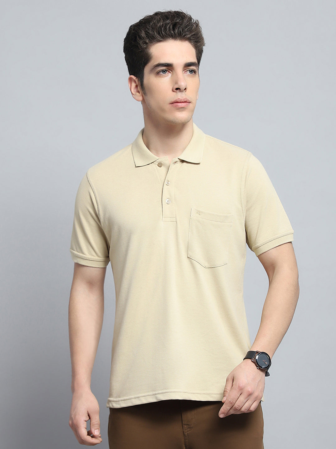 Men Beige Solid Collar Half Sleeve T-Shirt