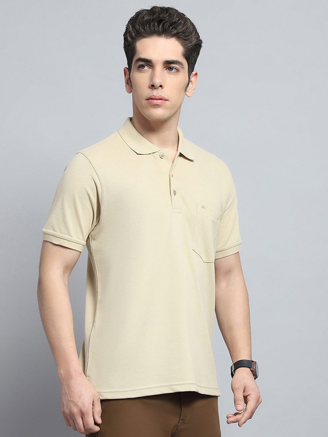Men Beige Solid Collar Half Sleeve T-Shirt