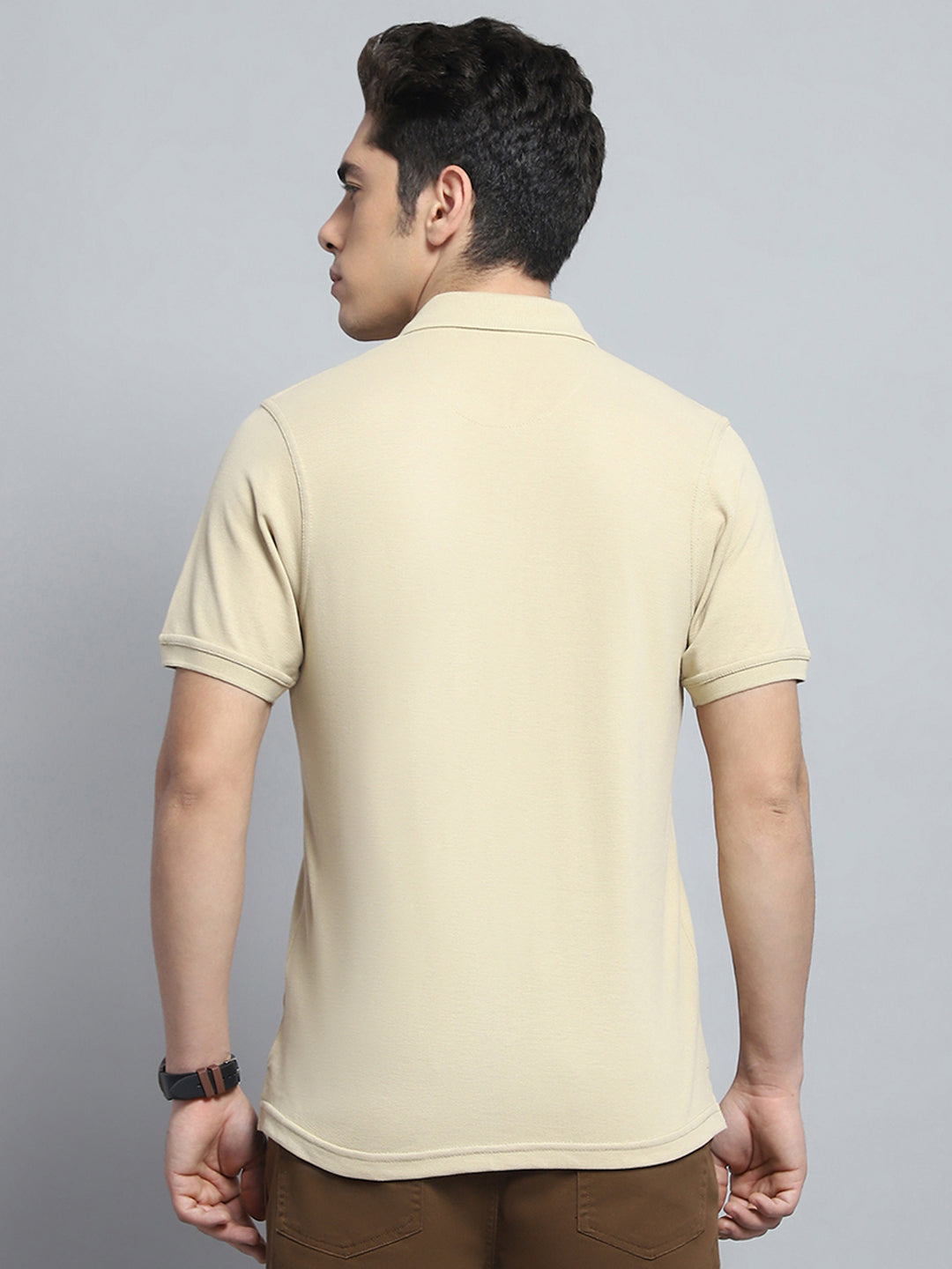 Men Beige Solid Collar Half Sleeve T-Shirt