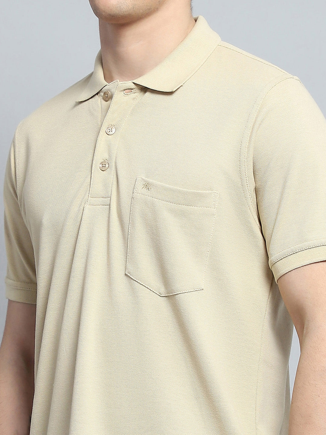 Men Beige Solid Collar Half Sleeve T-Shirt