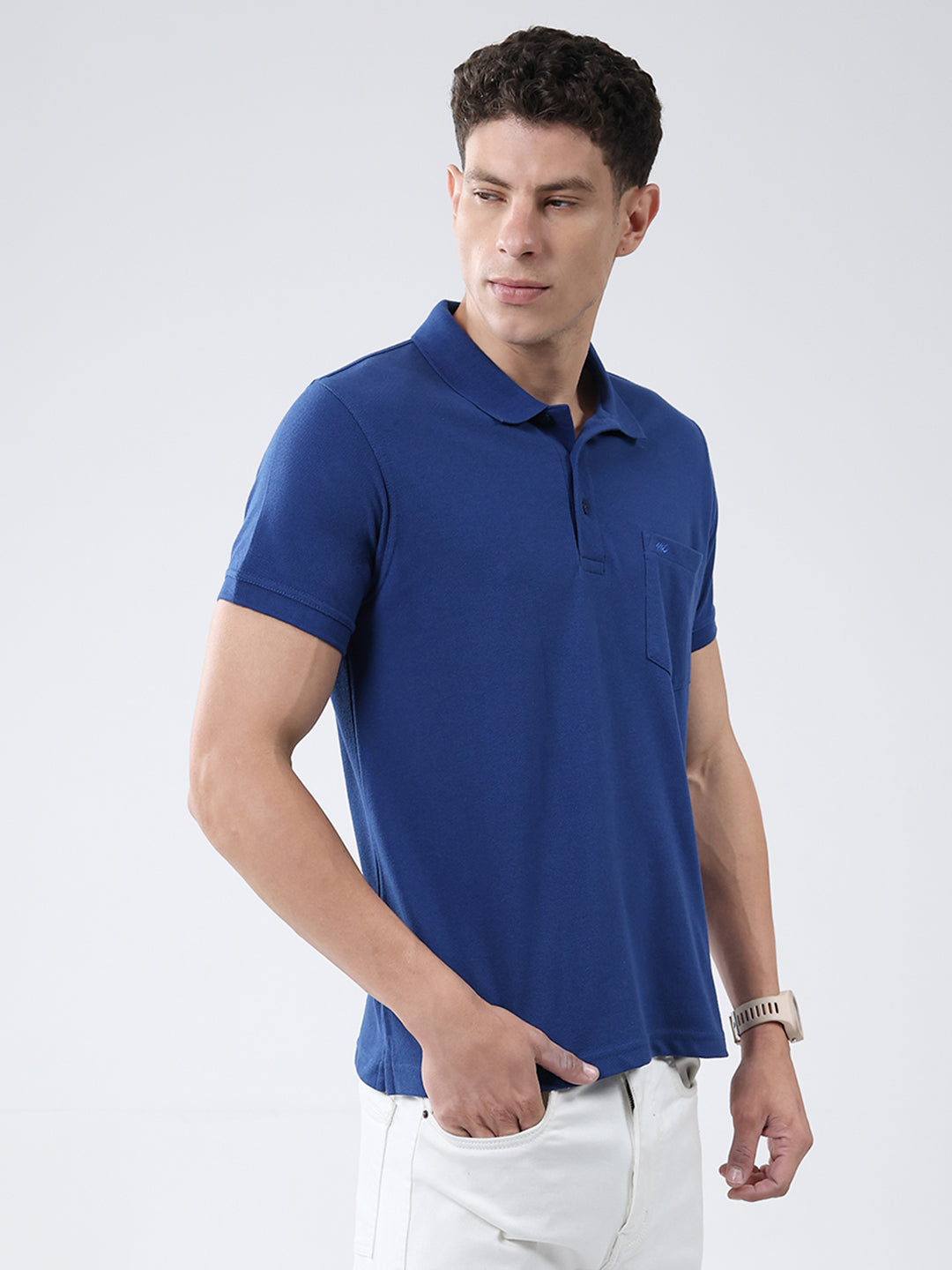 Men Blue Solid Collar Half Sleeve T-Shirt