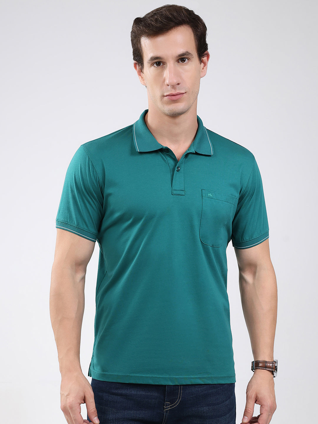 Men Green Solid Collar Half Sleeve T-Shirt