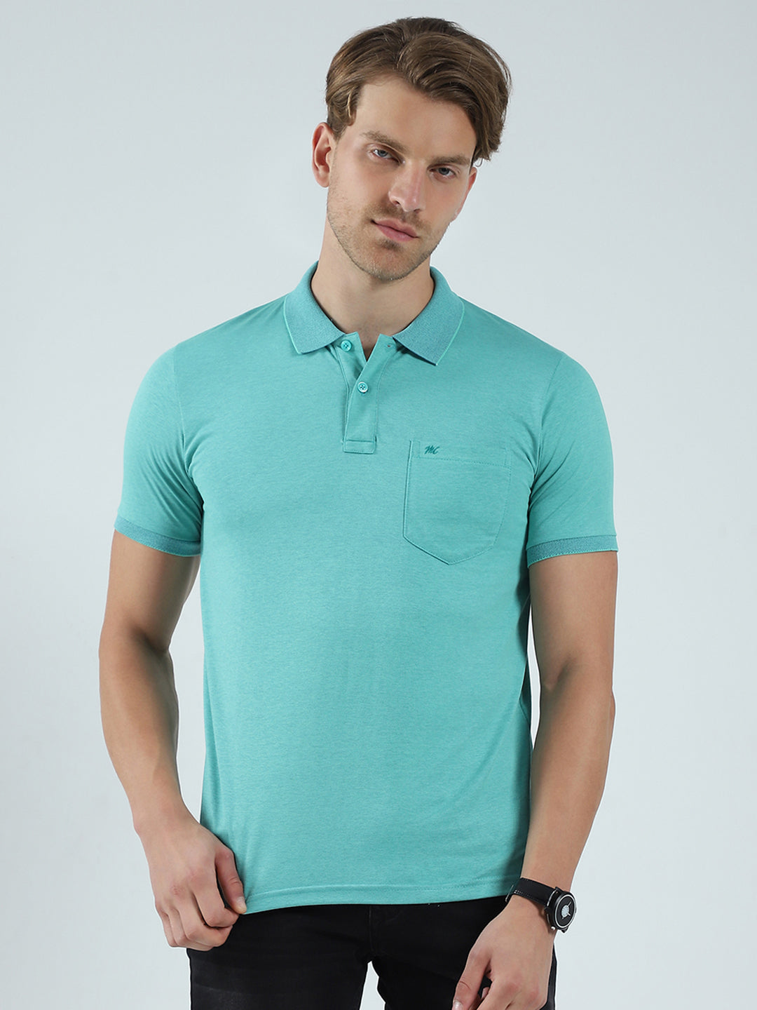 Men Green Solid Collar Half Sleeve T-Shirt