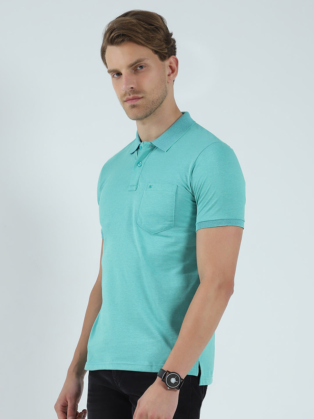 Men Green Solid Collar Half Sleeve T-Shirt
