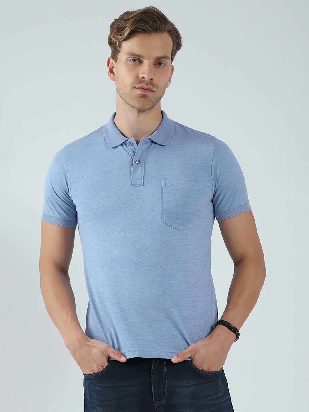 Men Blue Solid Collar Half Sleeve T-Shirt