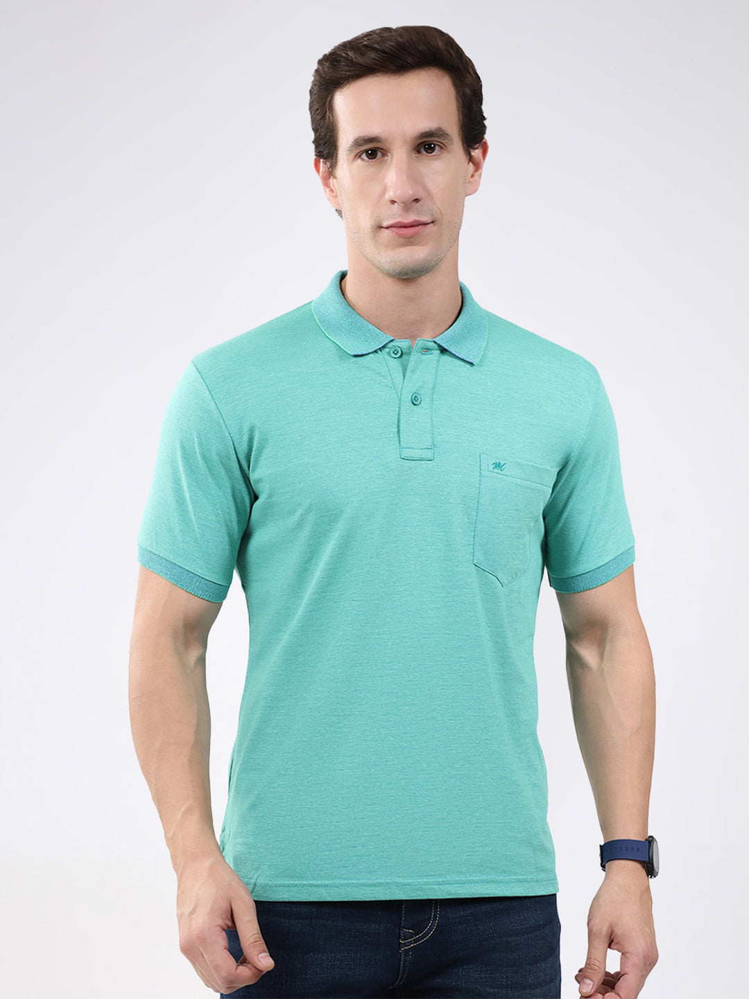 Men Green Solid Collar Half Sleeve T-Shirt
