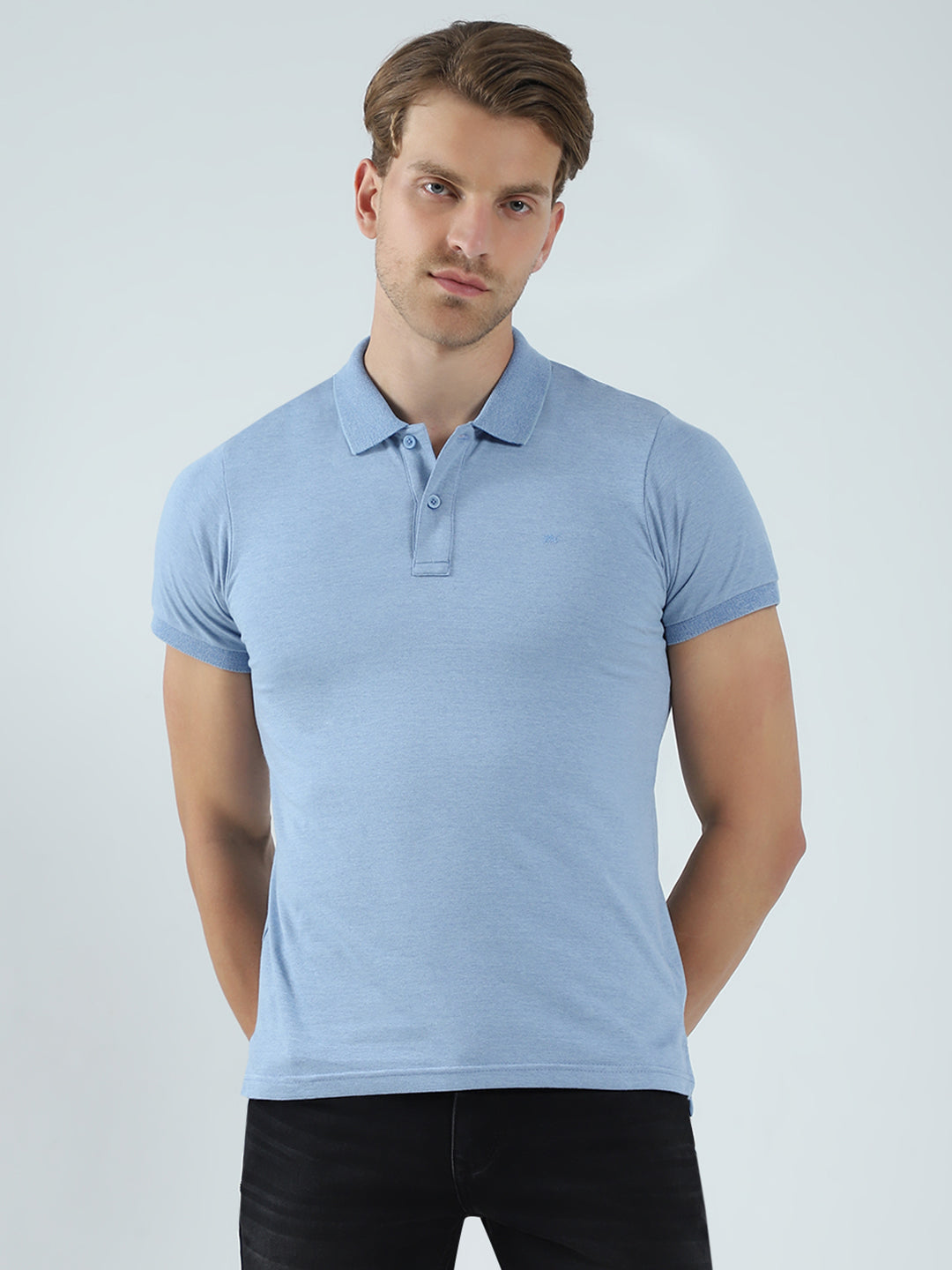 Men Blue Solid Collar Half Sleeve T-Shirt