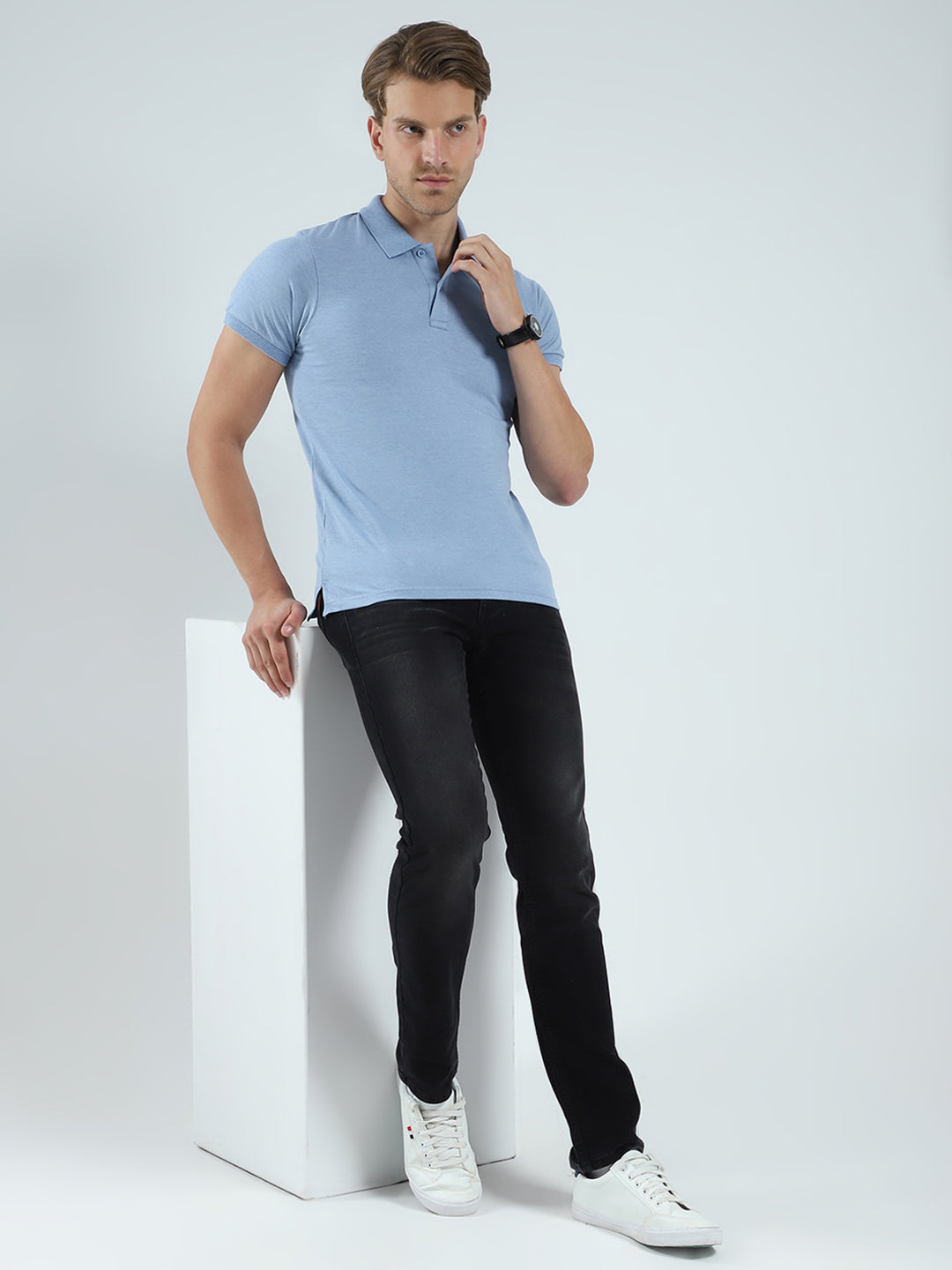 Men Blue Solid Collar Half Sleeve T-Shirt