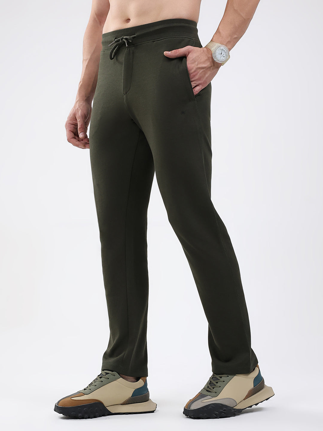 Men Olive Solid Regular Fit Lower
