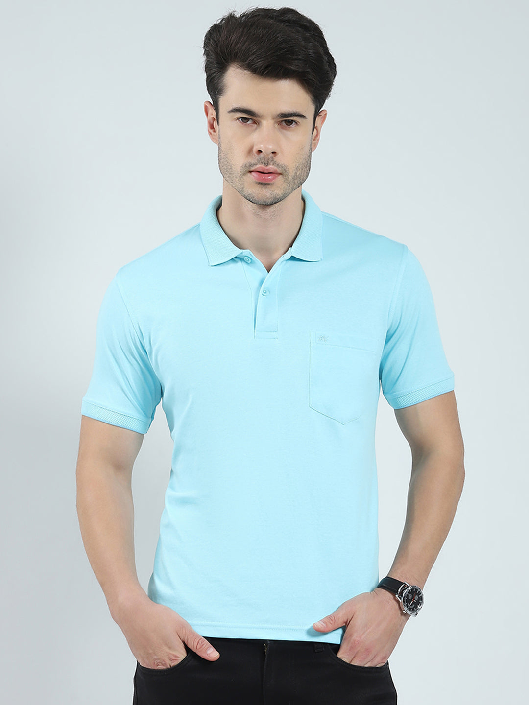 Men Blue Solid Collar Half Sleeve T-Shirt