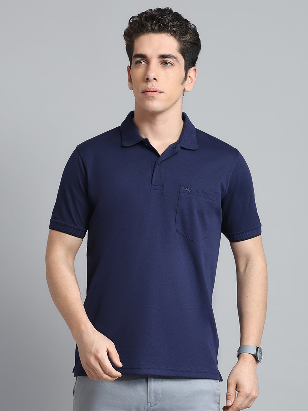Men Navy Blue Solid Collar Half Sleeve T-Shirt