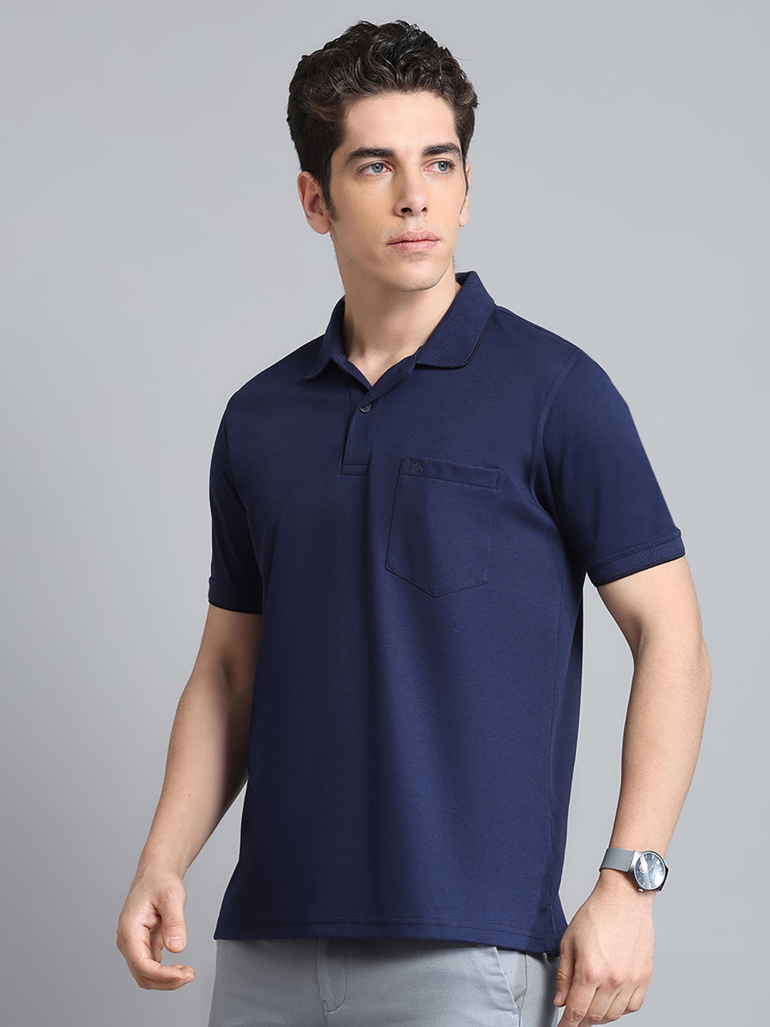Men Navy Blue Solid Collar Half Sleeve T-Shirt
