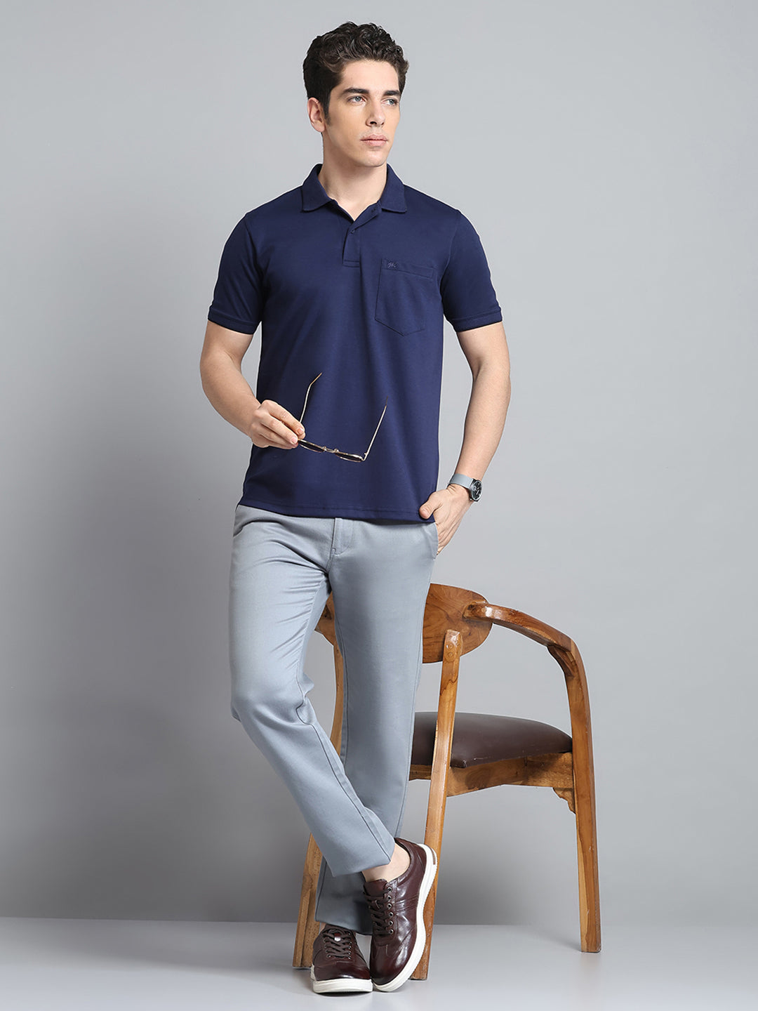 Men Navy Blue Solid Collar Half Sleeve T-Shirt