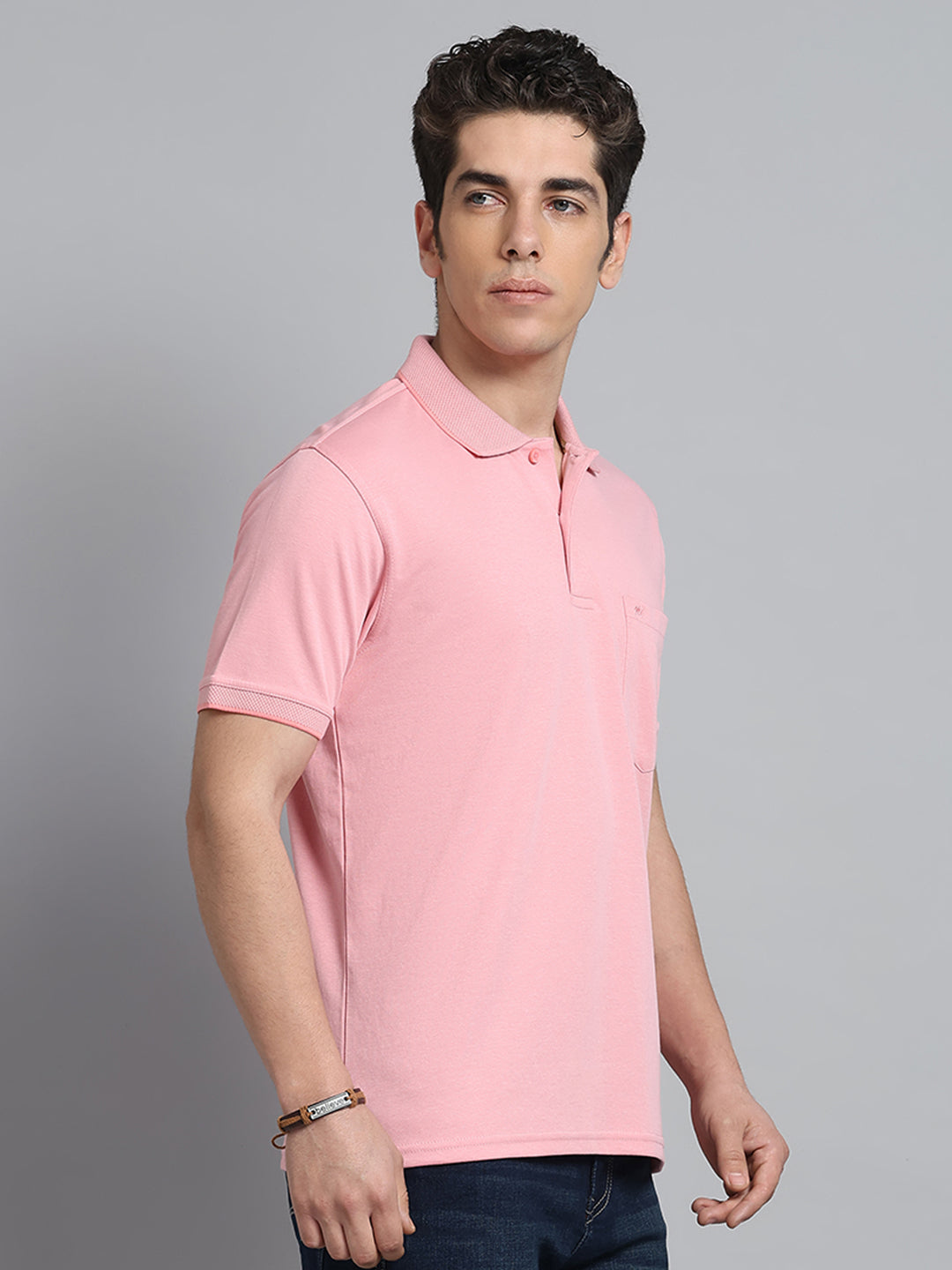 Men Pink Solid Collar Half Sleeve T-Shirt