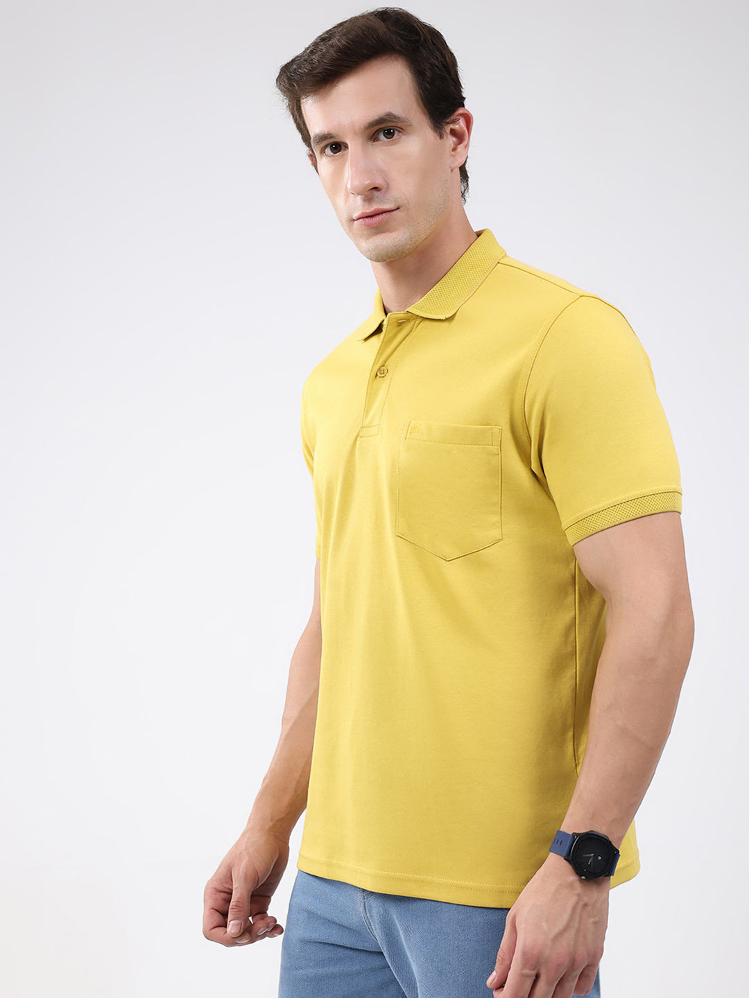 Men Mustard Solid Collar Half Sleeve T-Shirt