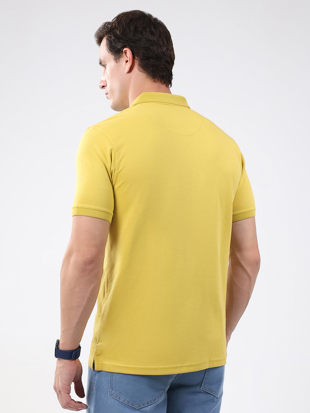 Men Mustard Solid Collar Half Sleeve T-Shirt