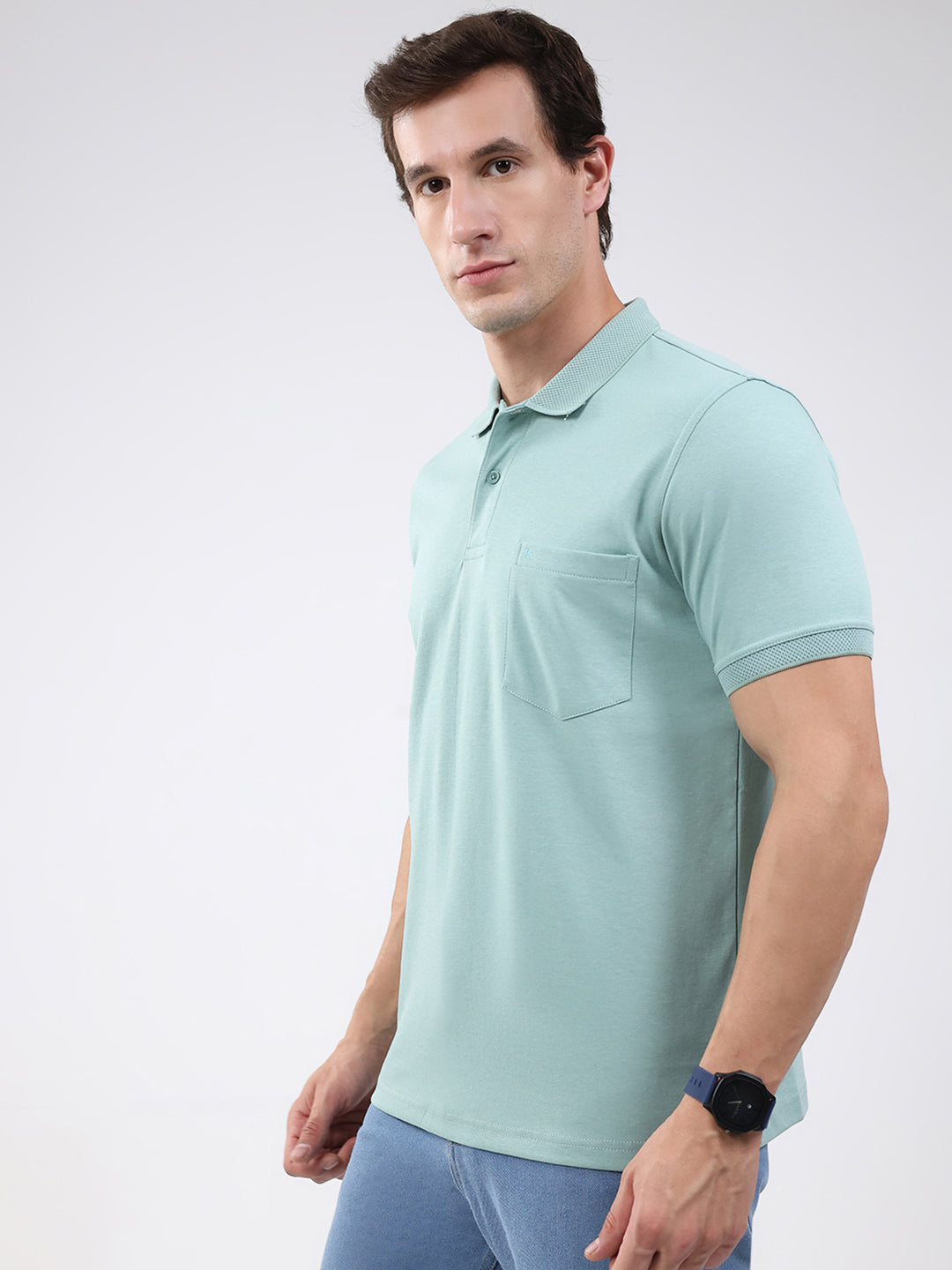 Men Sea Green Solid Collar Half Sleeve T-Shirt