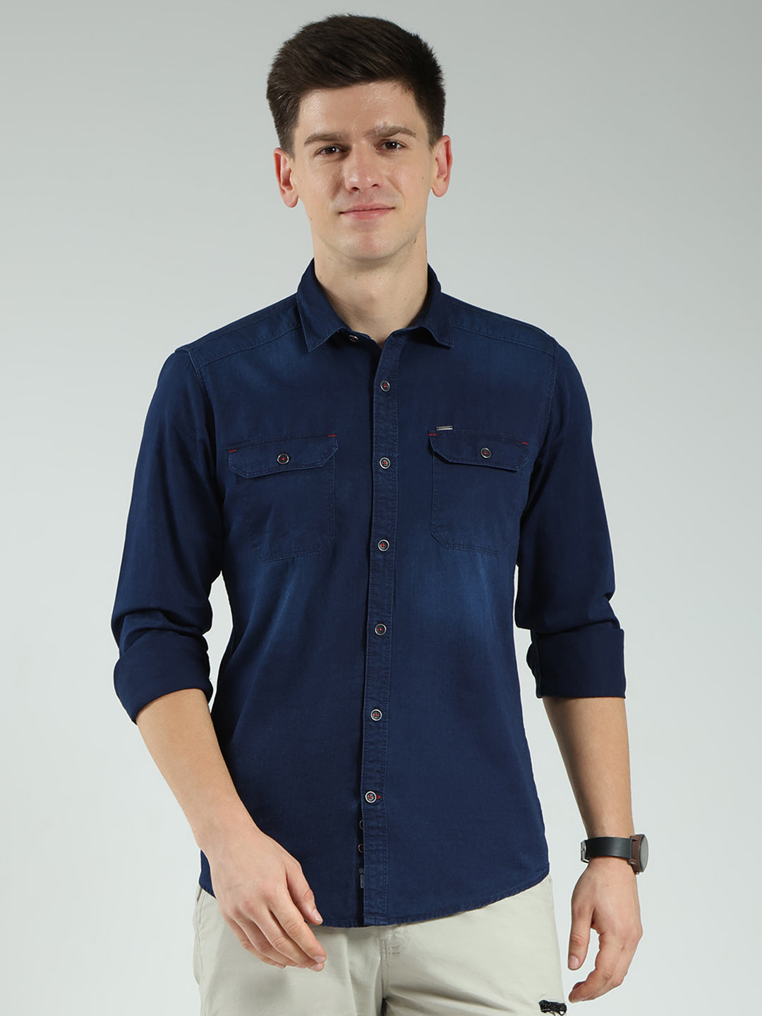 Men Blue Solid Collar Full Sleeve Shirt