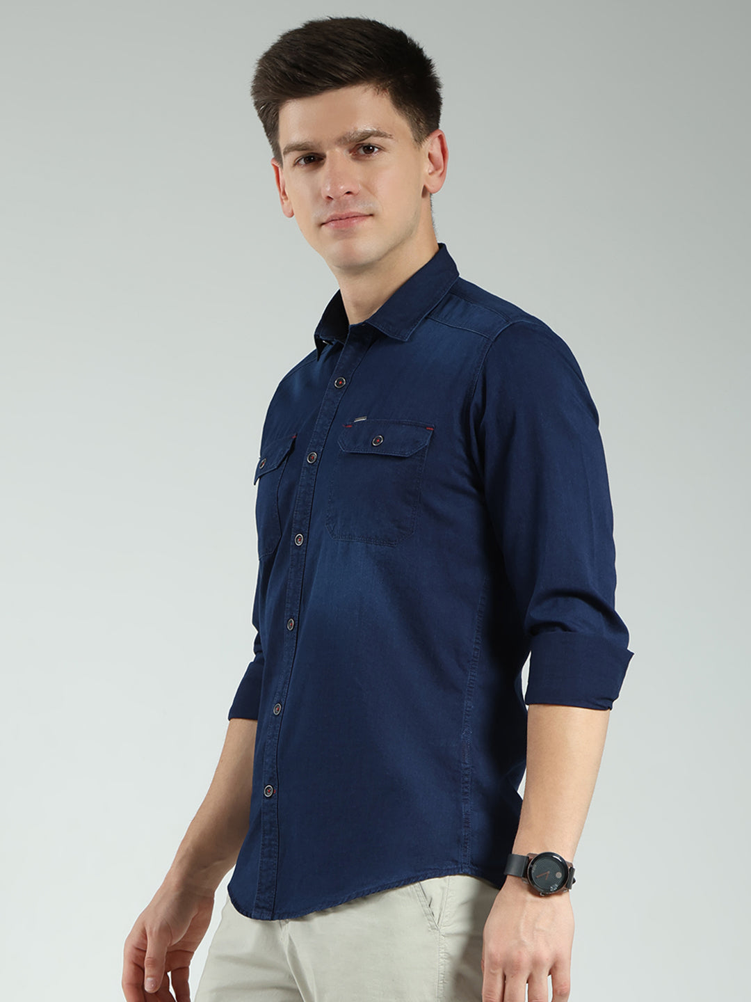 Men Blue Solid Collar Full Sleeve Shirt